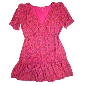 Betsey Johnson Bright Pink Ditsy Floral Ruffle Mini Dress - Size L Empire Waist